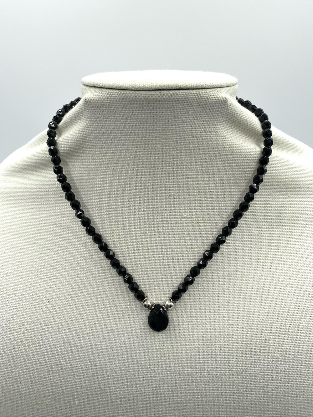 Black Faceted Bead Necklace with Teardrop Pendant And Sterling Silver Findings